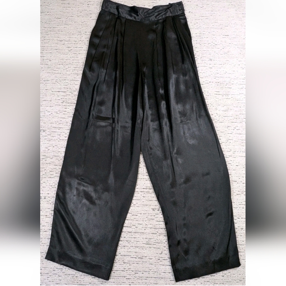 Vintage Black Satin High Waisted Pleated Front Wide Leg Pants